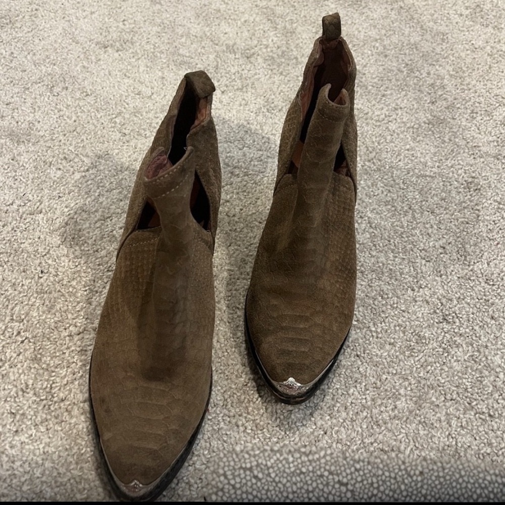 Jeffrey Campbell Brown/Green Suede Snake Print Ankle Boots with Black Heel